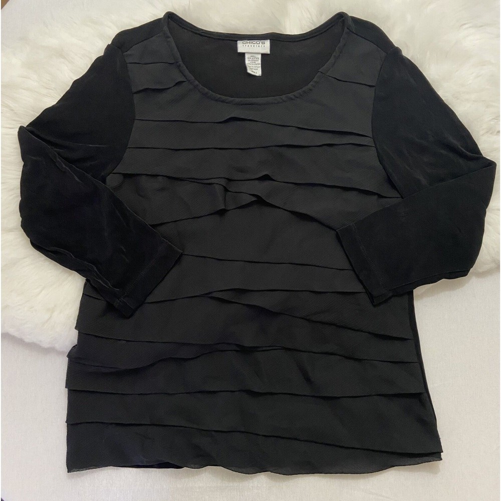 Chico’s Travelers Size 3 XL Layered Black Long Sleeve Slinky Knit Pullover Top